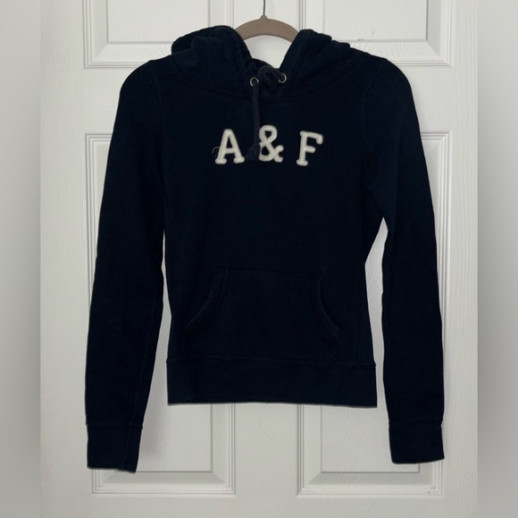 Abercrombie & Fitch Tops - ABERCROMBIE & FITCH LOGO EMBROIDERED NAVY BLUE PULLOVER HOODIES. Size Xs